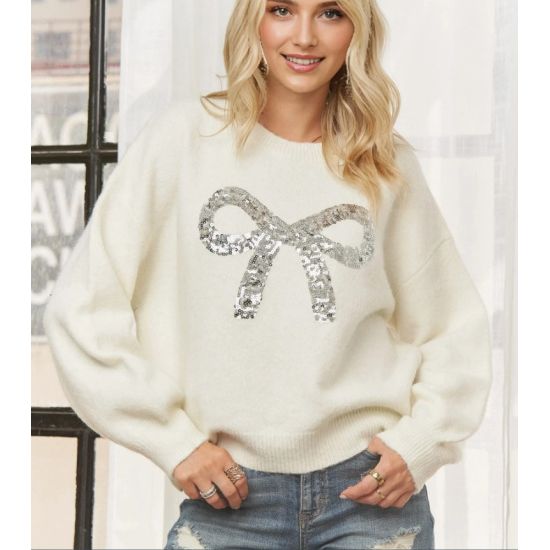 Cream Sequin Bow Sweater – Soft Knit Crew Neck Holiday Pullover