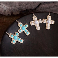 Primitive Worn Gold Cross Earrings – Turquoise or Pearl
