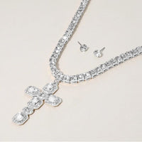 Silver Crystal Cross Necklace & Earring Set