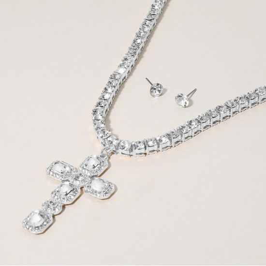 Silver Crystal Cross Necklace & Earring Set