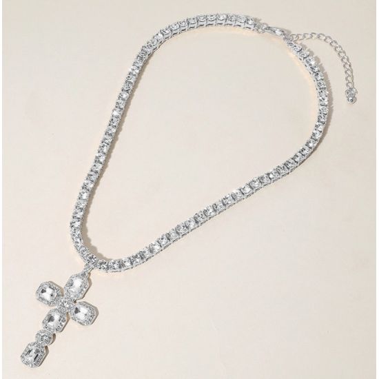 Silver Crystal Cross Necklace & Earring Set