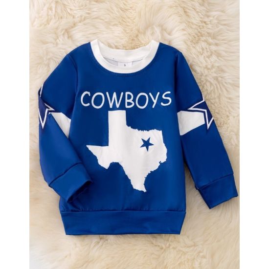 Kids Cowboys Texas Long Sleeve Top – Blue and White Star Sleeve Shirt