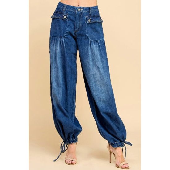 Drawstring Hem Wide Leg Denim Pants