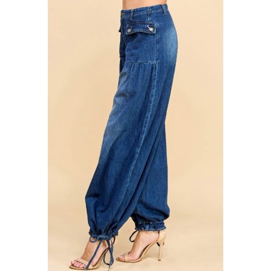 Drawstring Hem Wide Leg Denim Pants
