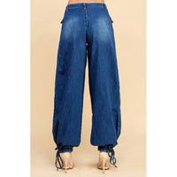 Drawstring Hem Wide Leg Denim Pants