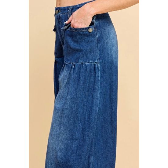 Drawstring Hem Wide Leg Denim Pants