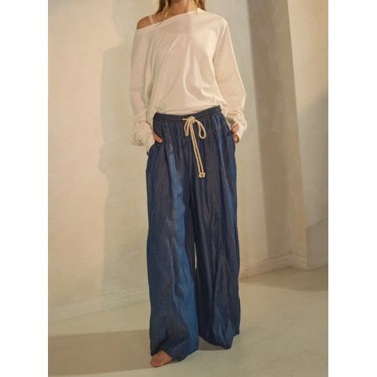 Dark Chambray Wide Leg Palazzo Pants with Seam Detail