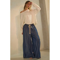 Dark Chambray Wide Leg Palazzo Pants with Seam Detail