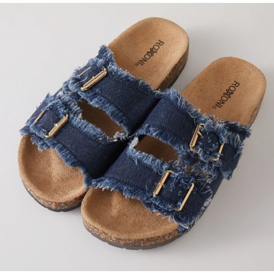 Frayed Denim Double Buckle Cork Sandals