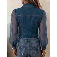 Denim Look Mesh Puff Sleeve Blouse