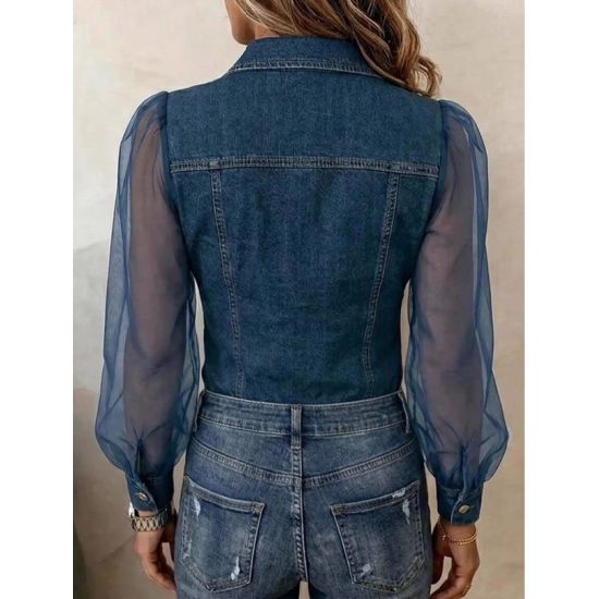 Denim Look Mesh Puff Sleeve Blouse