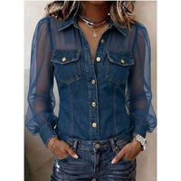 Denim Look Mesh Puff Sleeve Blouse