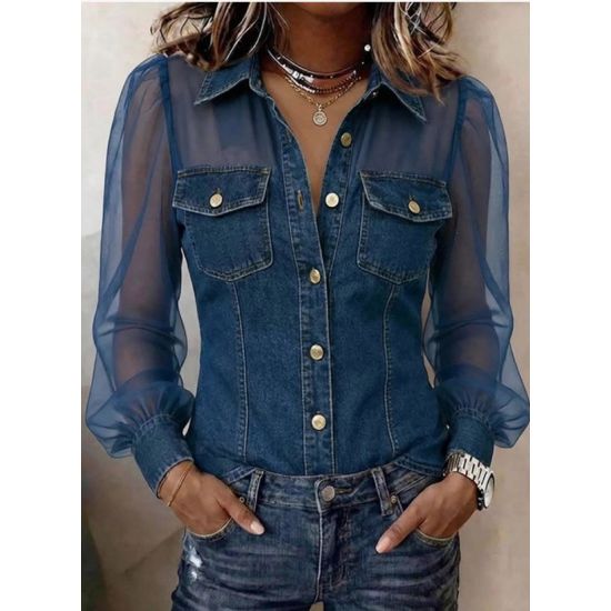 Denim Look Mesh Puff Sleeve Blouse