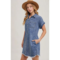 Frayed Hem Denim Shirt Dress