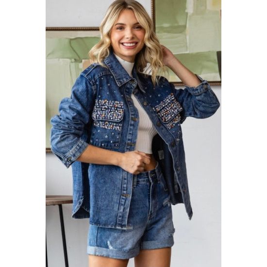 Multi Crystal Embellished Washed Denim Jacket