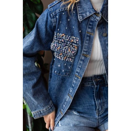 Multi Crystal Embellished Washed Denim Jacket