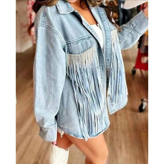 Denim Shacket with Double Fringe Detail