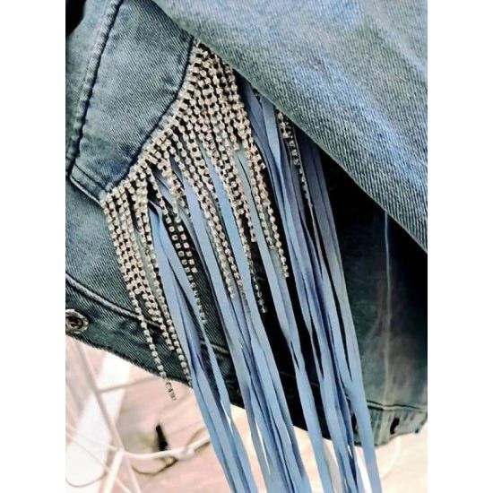 Denim Shacket with Double Fringe Detail