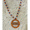 Long Beaded Necklace with Astros Wooden Medallion - Rhinestone Gal