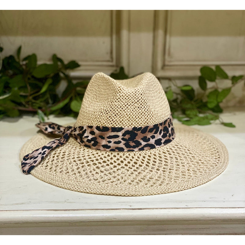 Panama Sun Hat with Leopard Band Trim - Rhinestone Gal