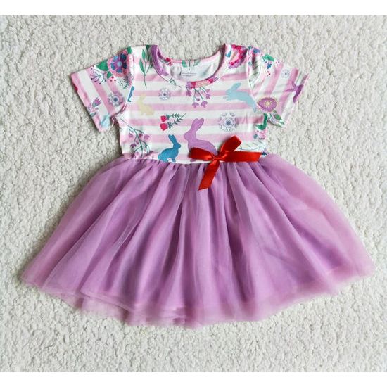 Girl's Lavender Easter Bunny Dress with Tulle Skirt - Rhinestone Gal