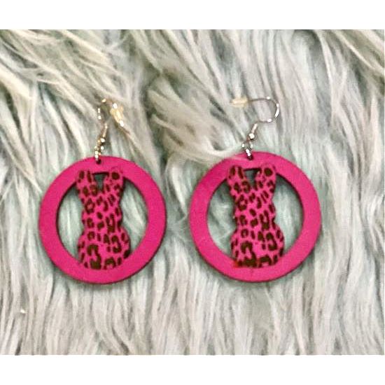 Hot Pink Wood Earrings with Leopard Bunny - Rhinestone Gal