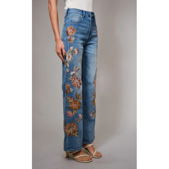 Floral Embroidered Wide Leg Denim Pants