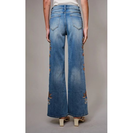 Floral Embroidered Wide Leg Denim Pants