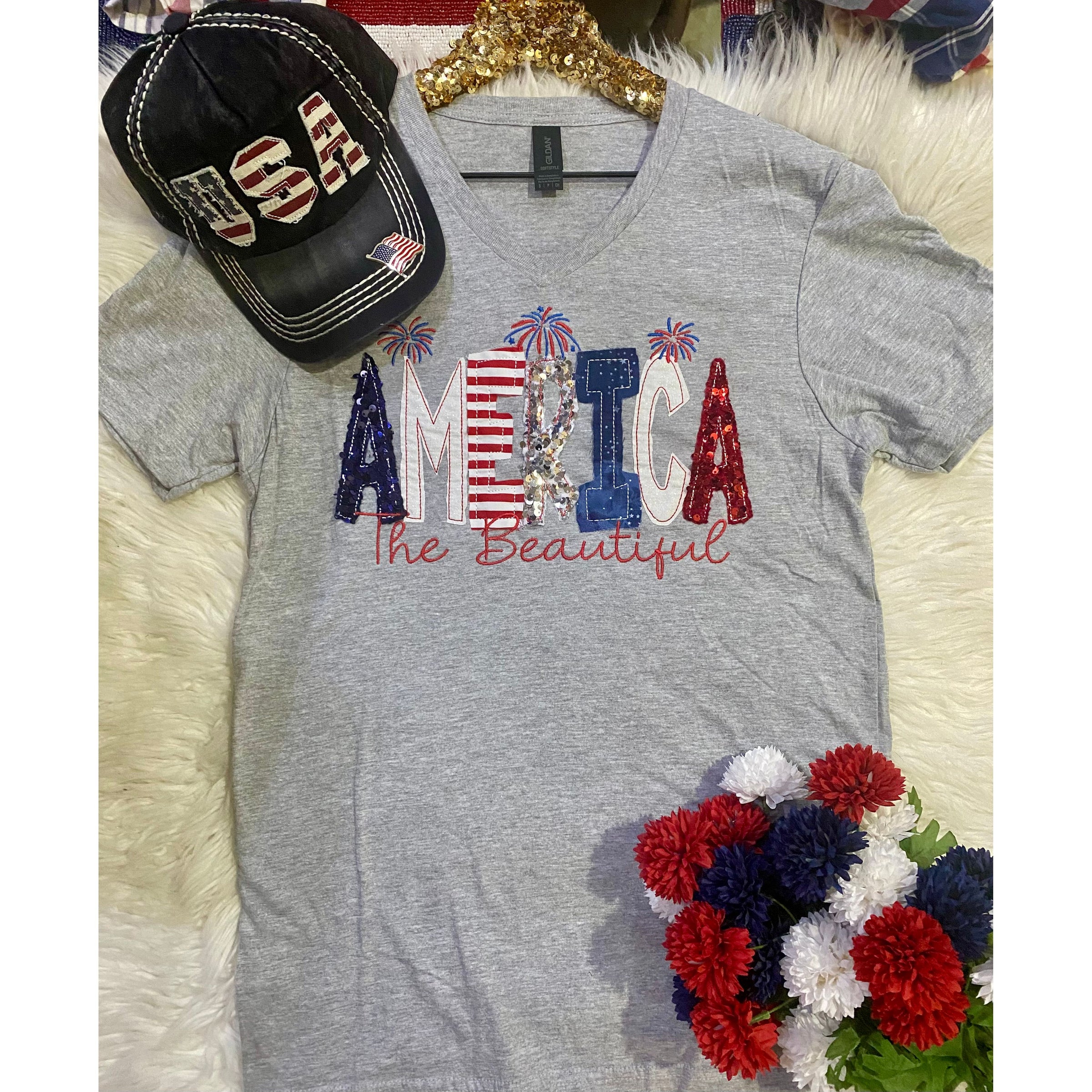 America the Beautiful Sequin Patriotic V-Neck Tee