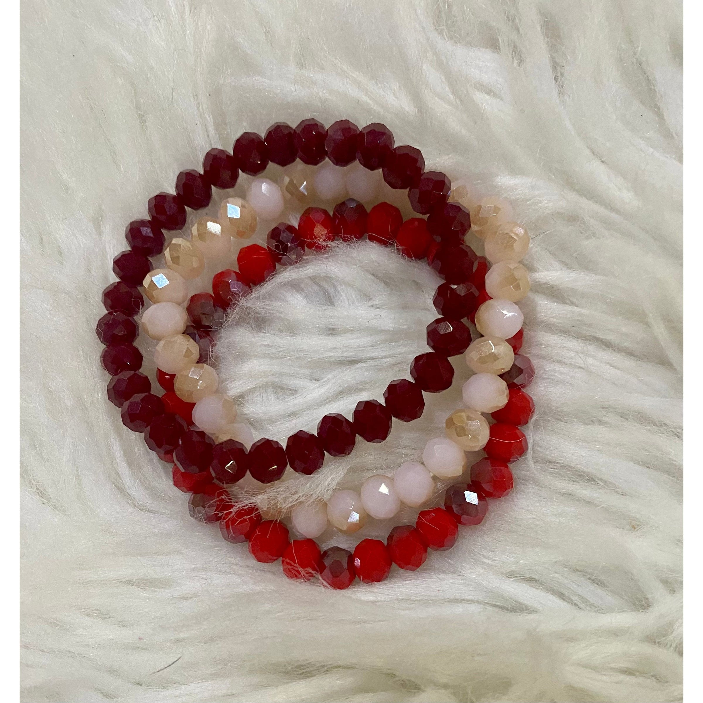 3 Deep Red, Multi Red and Peach Beaded Stretchy Bracelets