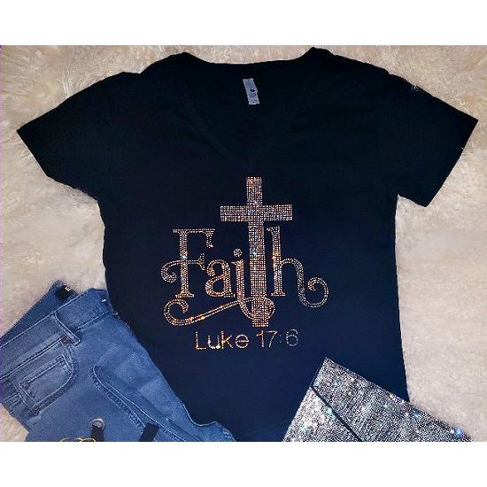 Faith Rhinestone Black V Neck Tee - Rhinestone Gal