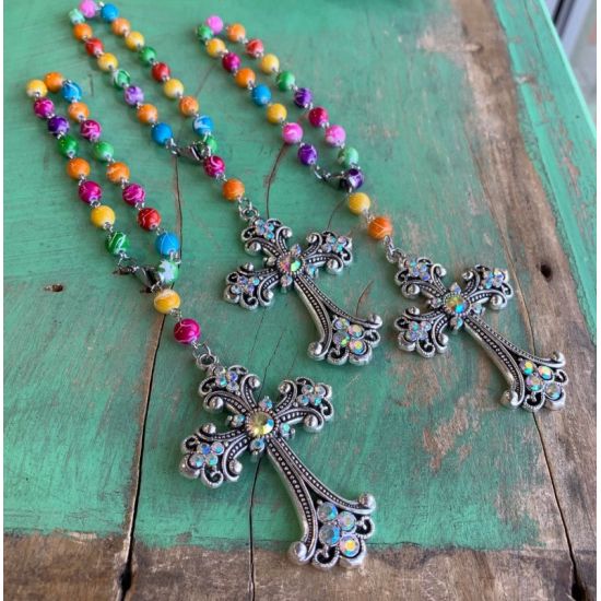 Fiesta Beaded Crystal Cross Car Charm
