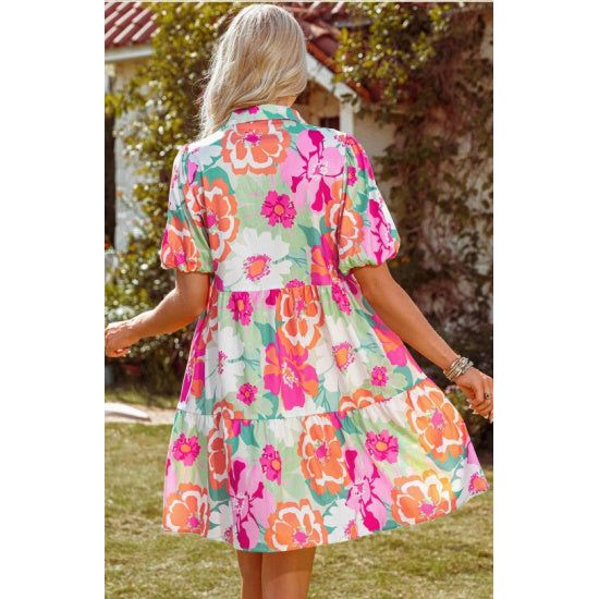 Colorful Floral Puff Sleeve Collared Dress