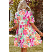 Colorful Floral Puff Sleeve Collared Dress