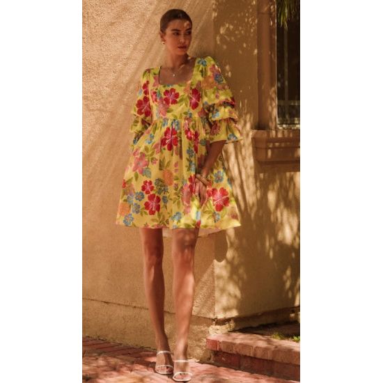 Yellow Floral Embroidery Puffed Sleeve Mini Dress