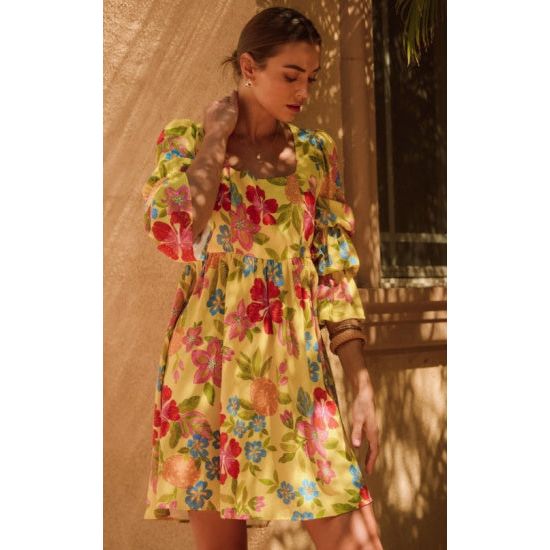 Yellow Floral Embroidery Puffed Sleeve Mini Dress