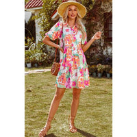 Colorful Floral Puff Sleeve Collared Dress