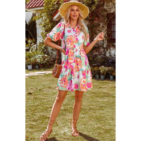 Colorful Floral Puff Sleeve Collared Dress