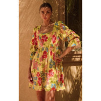 Yellow Floral Embroidery Puffed Sleeve Mini Dress