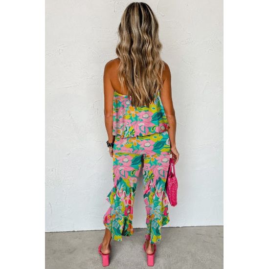 Mix Tropical Print Strapless Ruffled Jumpsuit - Rhinestone Gal