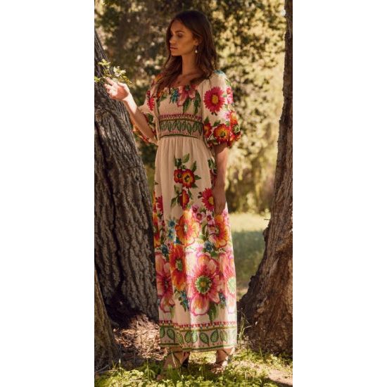Giant Floral Border Maxi Dress with Smocked Top