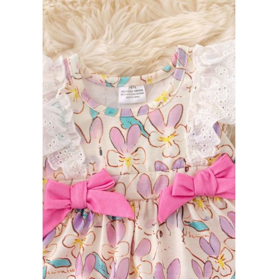 Girls Floral Bunny Twirl Onesie with Pink Side Bows