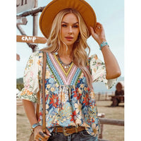 Boho Bloom Floral Print V-Neck Blouse