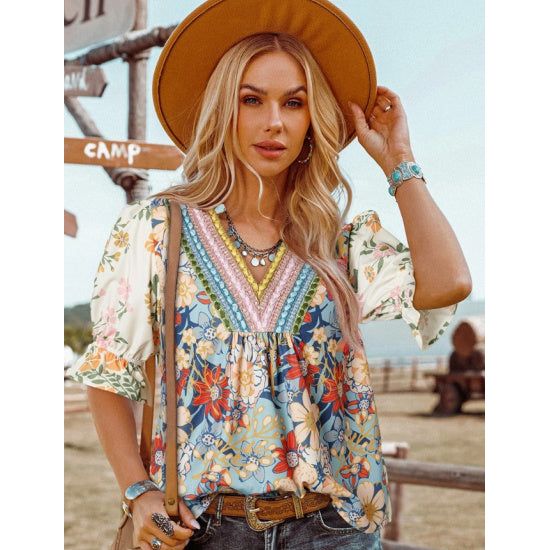 Boho Bloom Floral Print V-Neck Blouse