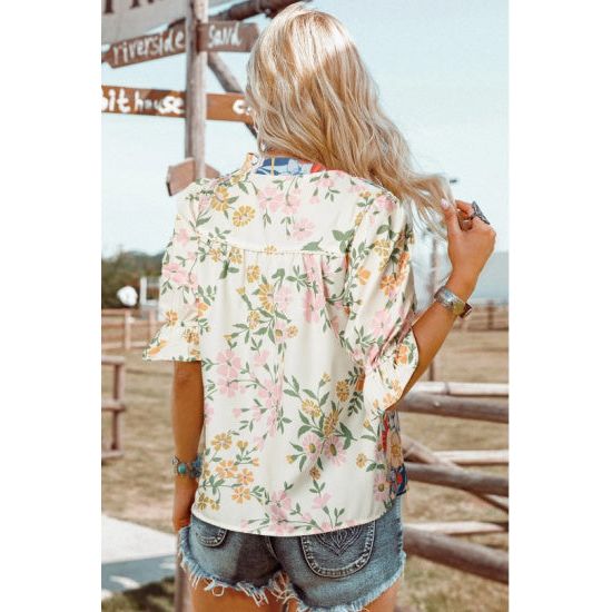 Boho Bloom Floral Print V-Neck Blouse