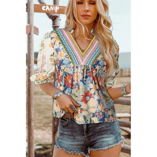 Boho Bloom Floral Print V-Neck Blouse