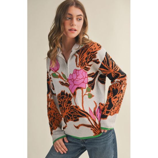 Floral Half-Zip Sweater – Orange & Pink Bold Blooms on Cream Knit