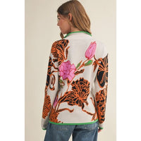Floral Half-Zip Sweater – Orange & Pink Bold Blooms on Cream Knit