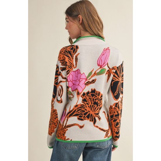 Floral Half-Zip Sweater – Orange & Pink Bold Blooms on Cream Knit