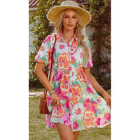 Vibrant Floral Puff Sleeve Tiered Mini Dress